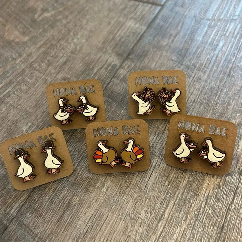 Thanksgiving Goose Stud Earrings – Pilgrim, Turkey & Pie Designs – Laser Cut Wooden Earrings