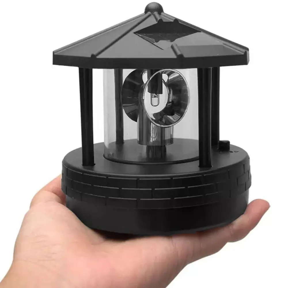 One Piece of a Black Rotating Beam Lamp with Solar LED Light Designed Like a Lighthouse