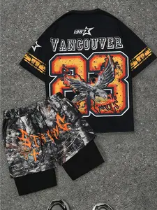 Vancouver 23 Eagle 1987 Camo Shorts Set, Flame Print Short Sleeve Shorts, American Streetwear Loose Fit Sport Two-Piece Set