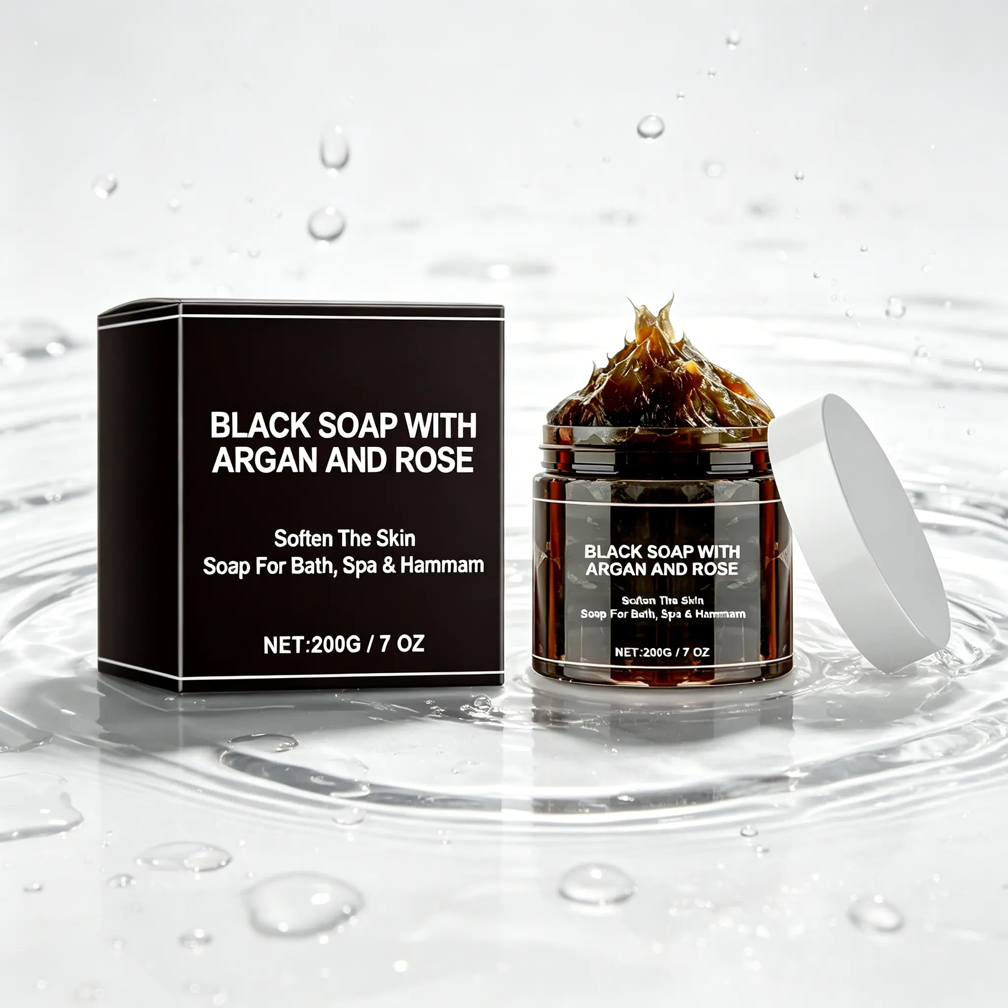 Moroccan Black Soap 200g – Argan & Rose Formula – Softens, Cleanses & Moisturizes – Traditional Hammam & Spa Soap – Removes Dead Skin – For Dry, Rough & All Skin Types
