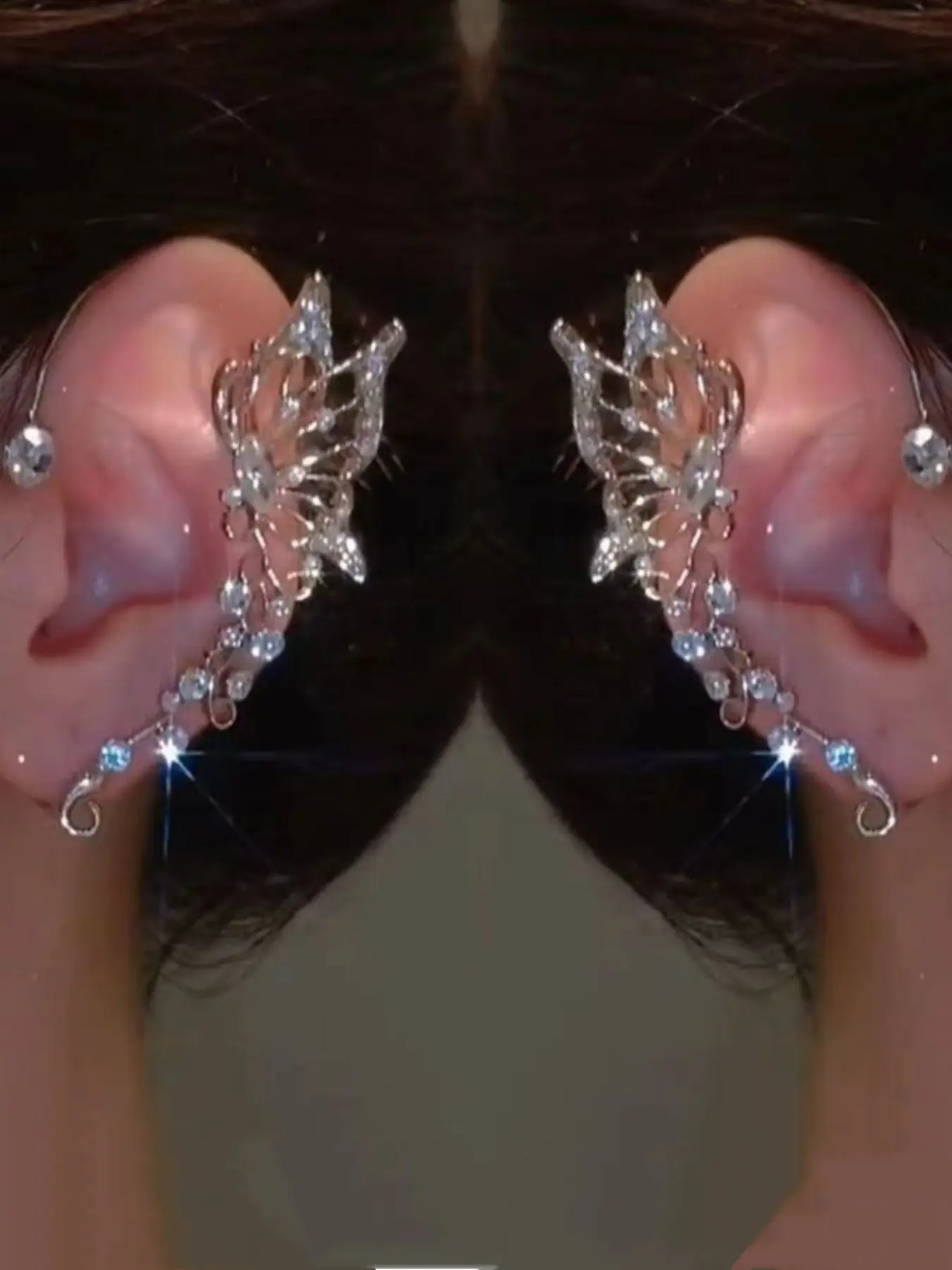Fashionable hip-hop personality temperament new style super sparkling butterfly elf ear hook design super fairy niche light luxury unperforated ear clip earrings Trendy fashionable accessories