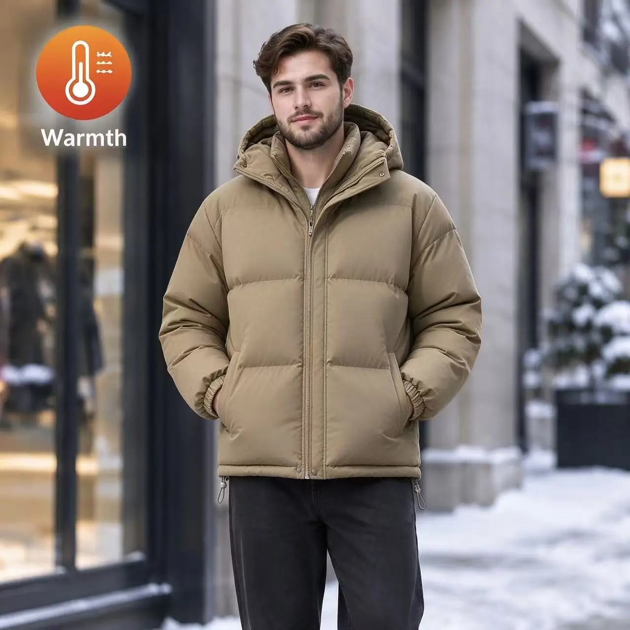 Men's Hooded Puffer Jacket - Loose-Fit Solid Polyester Zip-Up Long-Sleeve Warm Winter Casual Top Coat with Comfortable Lining