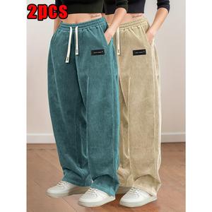 Women's 2-Pack High-Waisted Corduroy Wide-Leg Trousers - Drawstring Waist, Nonstretch Durable Twill, Draped Look, Casual Comfy Pocket, All-Season Sporty Sports Bottoms for Lounge