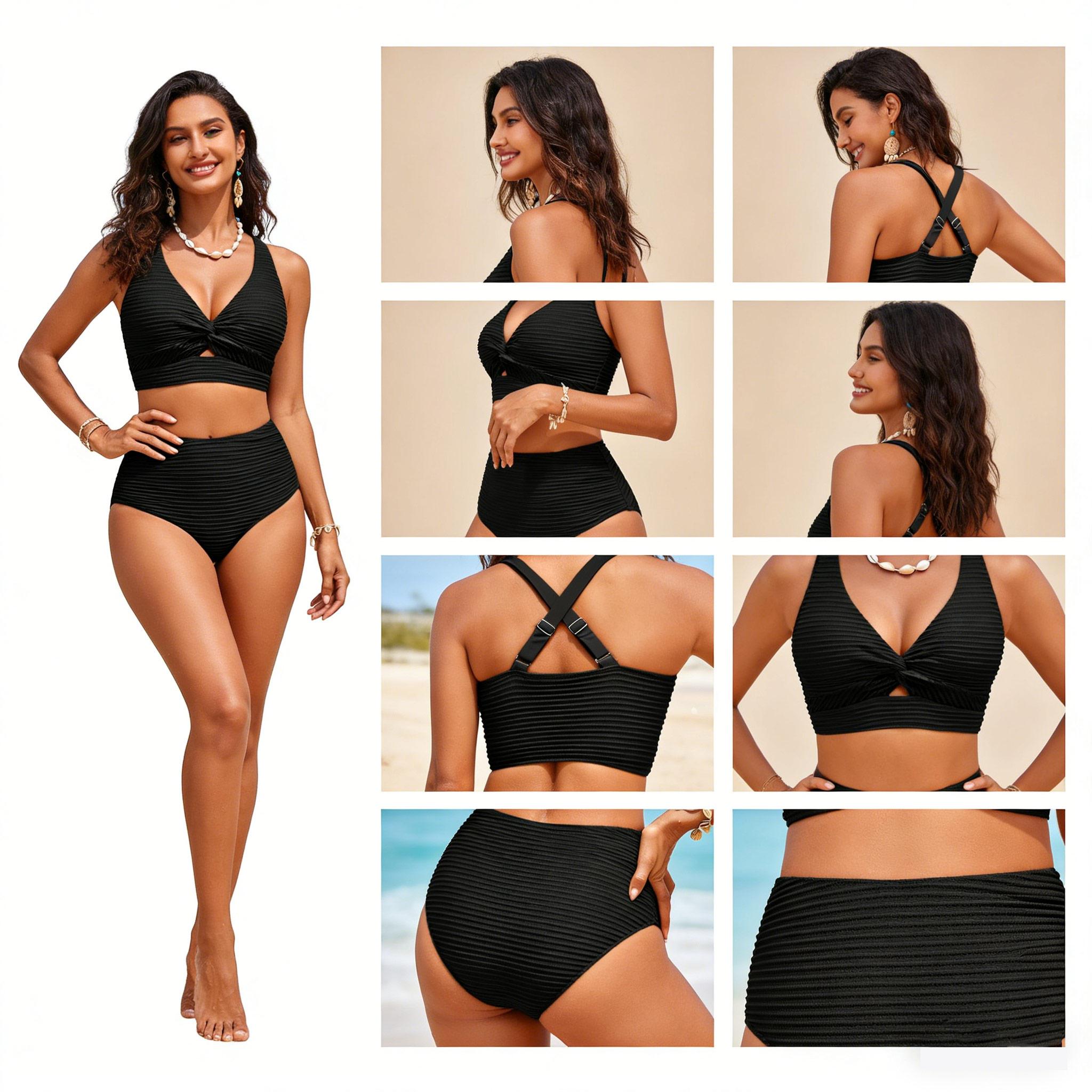 Stylish Women's Textured Bikini Sets! Twist - front top with high - waisted design. Comfortable, flattering and trendy swimsuits. Durable for beach water sports and all swimming activities.