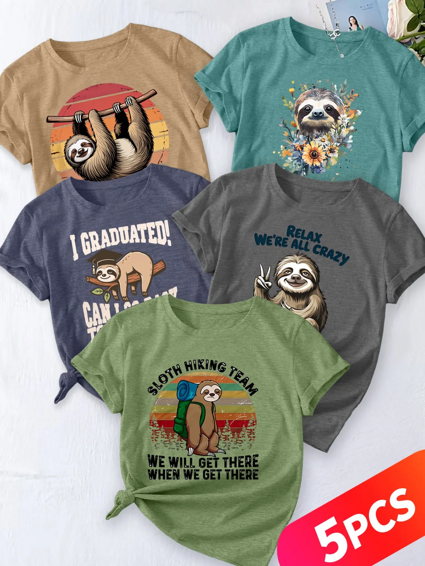 Women's 5-Pack Casual Crew Neck T-Shirt, Retro Sloth, Floral Sloth, Graduation Sloth, Funny Sloth & Hiking Sloth Print, Multiple Colors Available, Machine Washable, Spring & Summer Top, Soft Skin-Friendly Fabric, Daily Versatile, Fashion Design