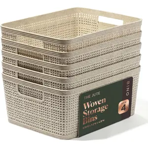 | Woven Plastic Basket| Small (Natural), 5-Pack| THE JUTE COLLECTION| Home Organization, Space - Saving Storage, Stylish Design| Jute Basket| Plastic Storage Basket