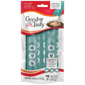 Good 'n' Tasty Triple Flavor Puree Mix-Ins Dog Food Topper Treats for All Dogs 7 Count Easy Single-Serve Portions with Tuna Chicken & Duck