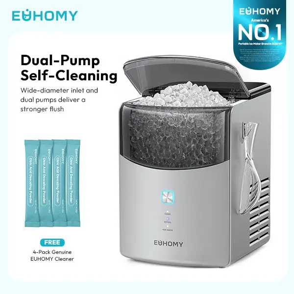 Euhomy Compact Countertop Ice Maker (Kitchen Appliance) - 35 lbs/day Pebble in 5 Mins, Dual Pump Self-Clean, 1.1L Water Reservoir, Countertop Ice Dispenser, Basket, Scoop & Cleaning Packs (Grey, 12.28"h x 11.14"d x 8.5"w, Under Cabinet Compatible)