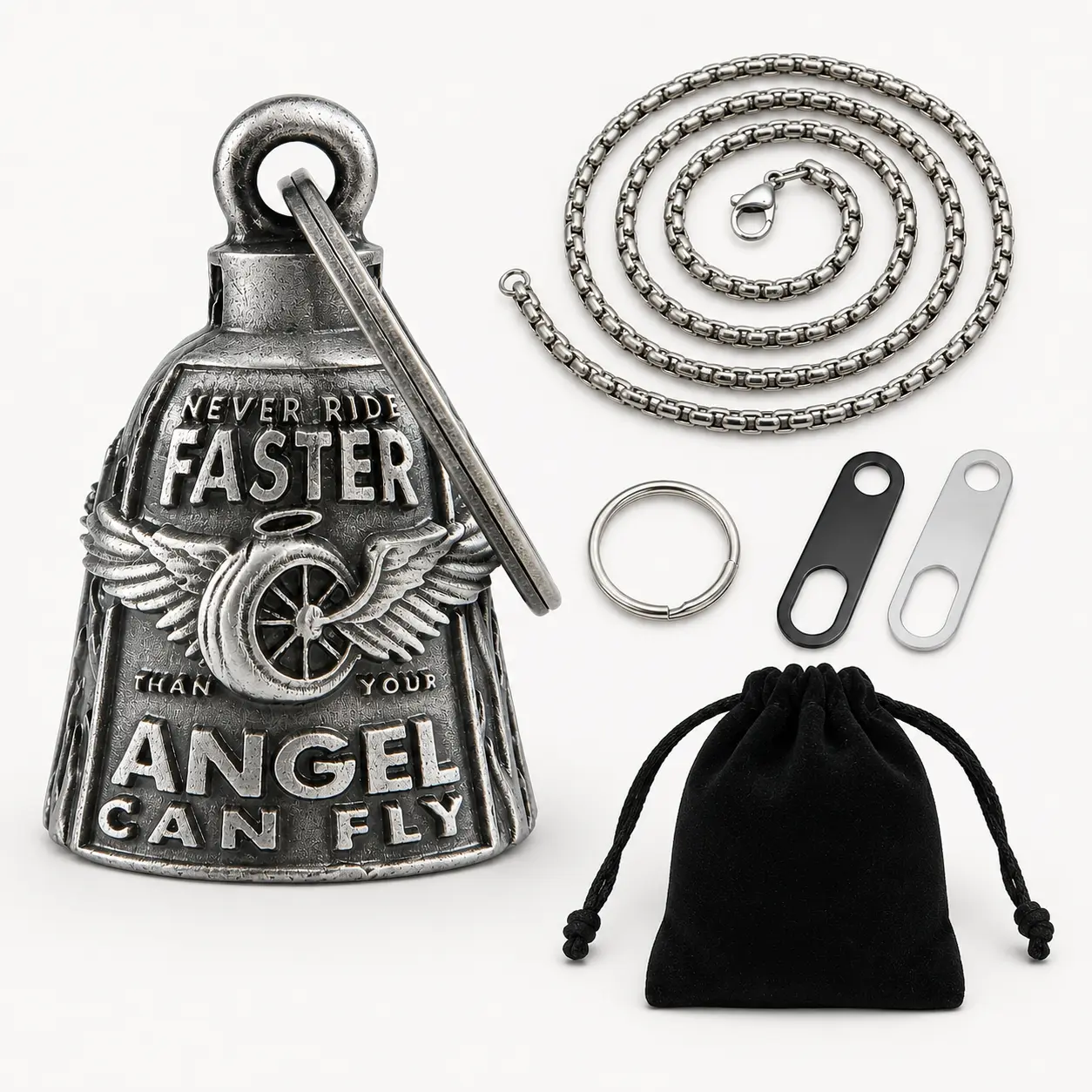 Motorcycle Guardian Bell Pendant - Alloy Metal Angel Guard Figure with 3D Detail, 3D Wings, Heavy-Duty Biker Good Luck Charm, Weather-Resistant, Impact-Resistant, Non-Toxic Protection Symbol, Crafted for Cars & Safe Drive Gifts
