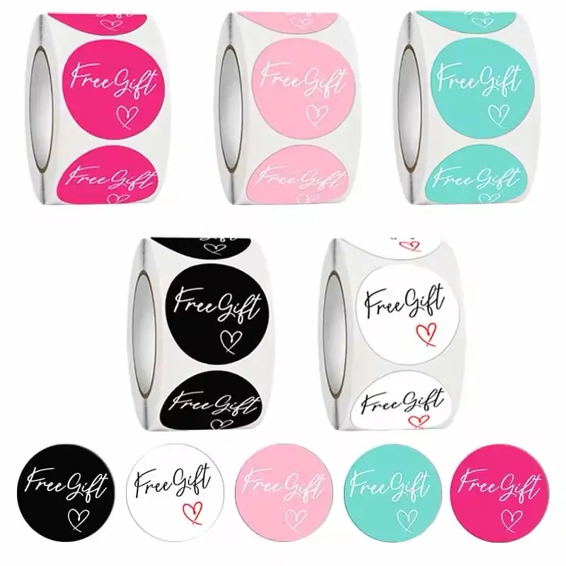 500Pcs 1" Free Gift with LOVE Stickers 1.0in Diy Small Business Adorn Gifts,Attracts Customers Increased Sales，5 colors Versatile Use Self Adhesive Label Adhesive Vinyl Decal