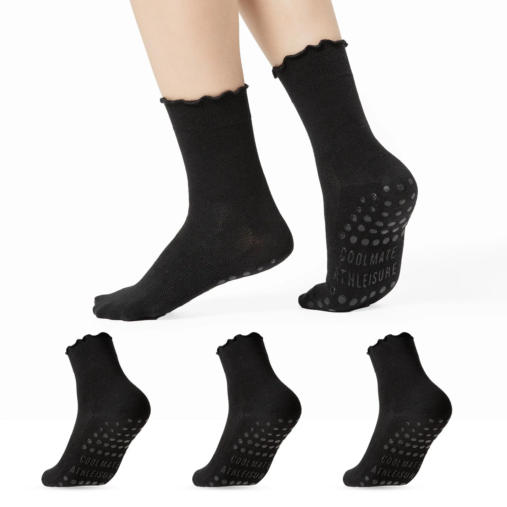 CoolMate Pilates Socks with Grips for Women, Yoga Socks, Crew Non Slip Women for Barre, Pilates Gifts (US, Numeric, 6, 10, Regular, Regular, A-06k. 3 Pairs Black Ruffle)