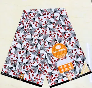 Premium Cotton Kitenge – Black and Red Floral Patterns on White, 6 Yards Authentic African Cotton