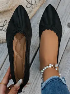 Knit Pointed Toe Flat Shoes for Women, Breathable Slip-on Loafers