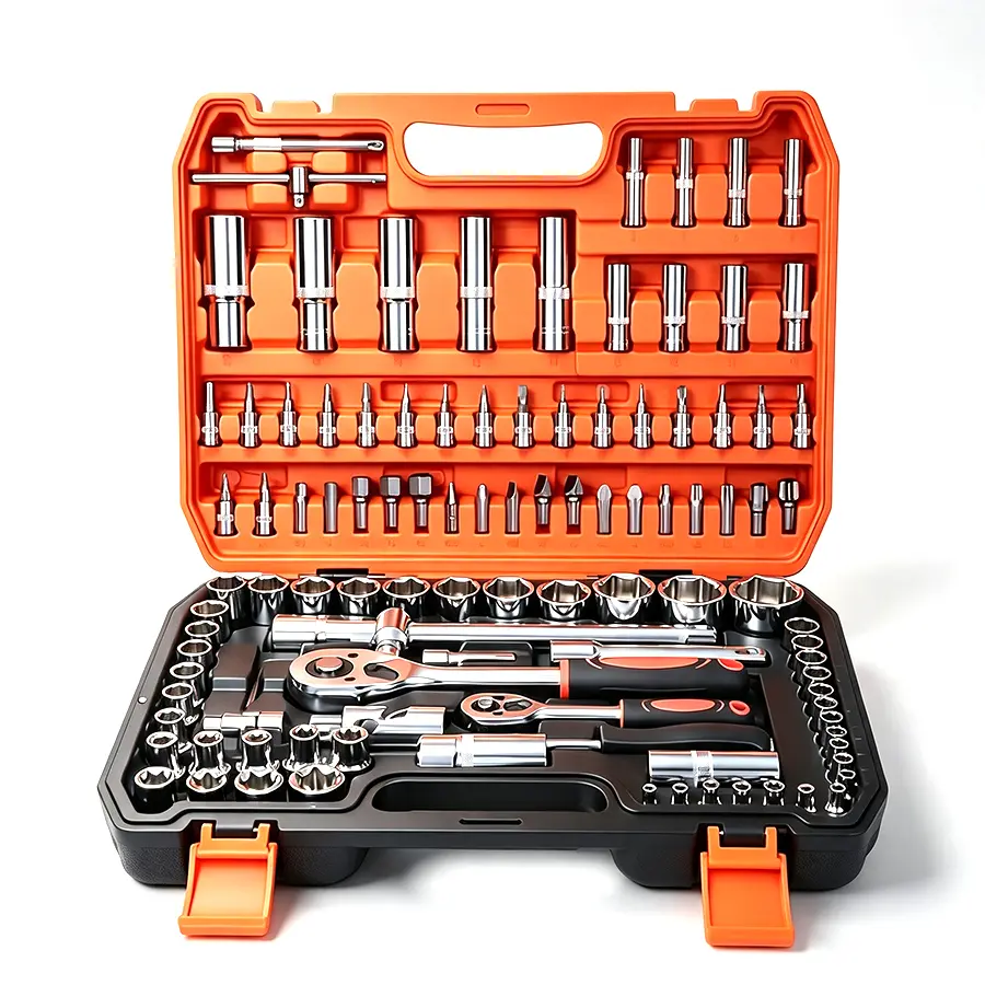 108 Piece Mechanics Tool Set Metric And Standard 1/4" & 1/2" Socket Set, Ratchet Set, Universal Joint, Extension Bars, Quick Release Reversible Ratchet Wrench, Plastic Toolbox Storage