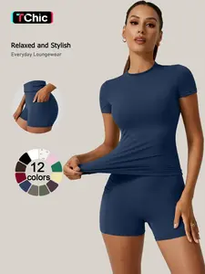 2 piece set, Sportswear set, women's yoga suit set solid color quick drying short sleeved top with pockets on both sides shorts with tight fit Stretchable Activewear suitable for yoga gym training running cycling all season outdoor Workout Running Clothes