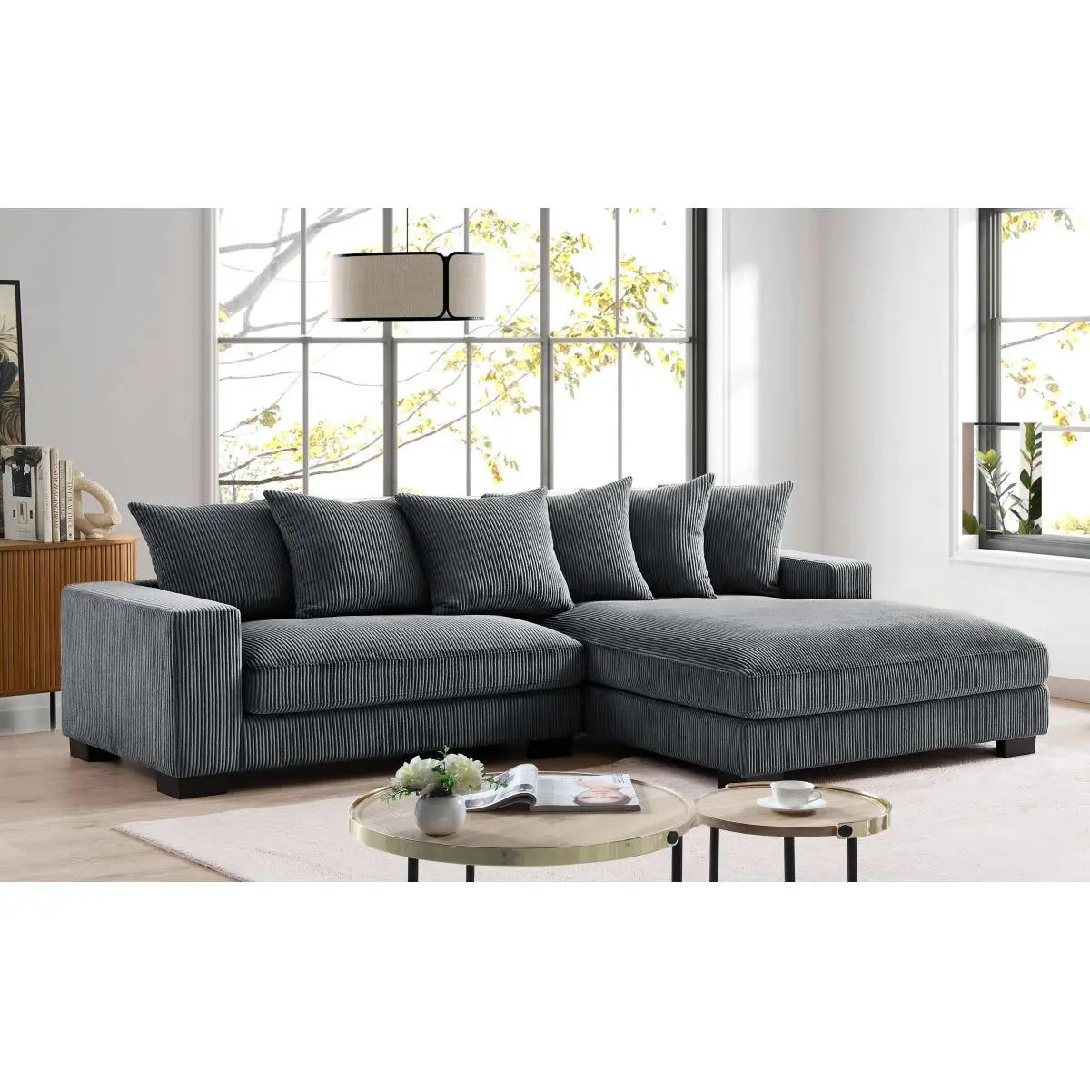 Aobtkel 102.4" L-Shaped Sectional Sofa with Right-Facing Chaise, 3-Seater Plush Corduroy Deep Seat Couch with Solid Wood Frame, Oversized Cushions & Easy Assembly for Living Room, Apartment, Dark Grey