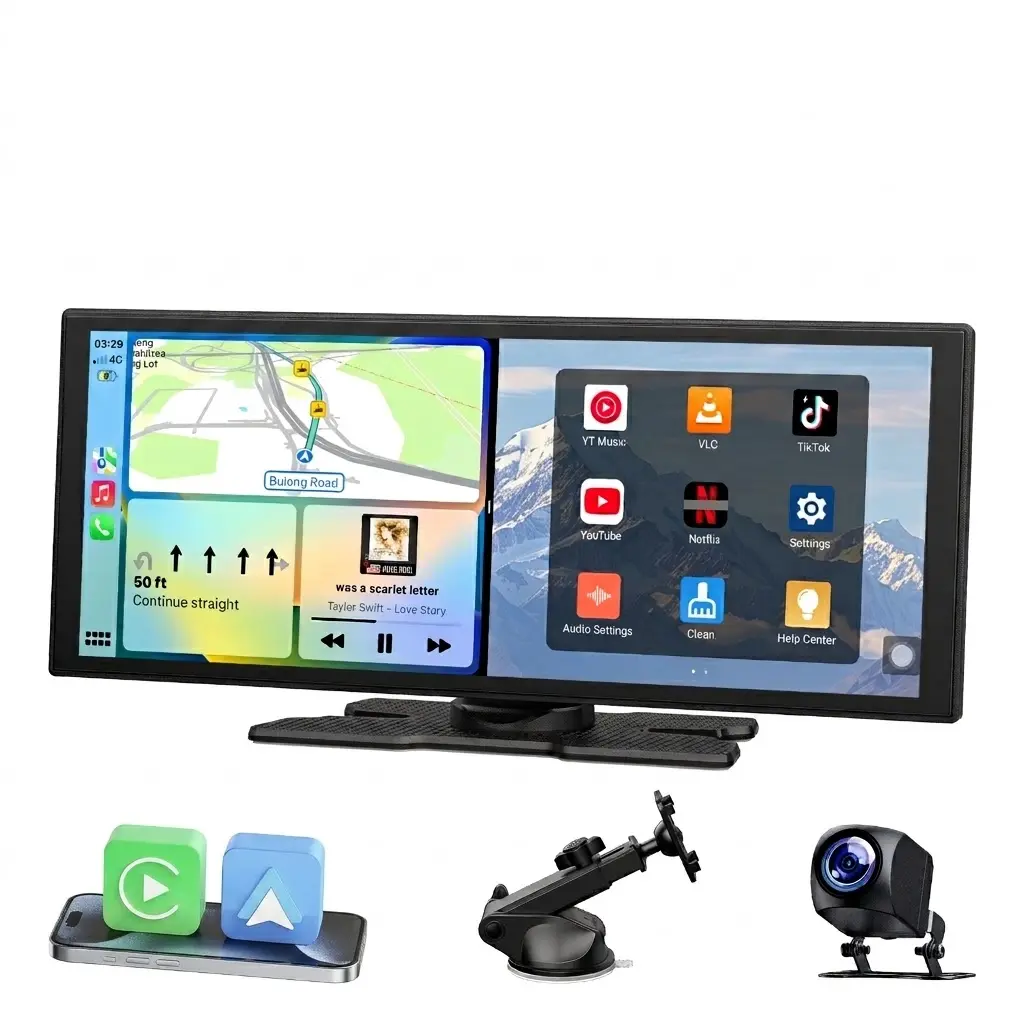 LAMTTO 10.25-Inch Wireless CarPlay Screen — Supports TikTok, Netflix, and YouTube Apps, Split-Screen App Usage, Backup Camera Support, Navigation, and Voice Assistant. Compatible with iOS 10+ and Android 11+