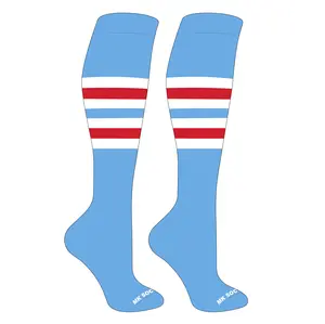 MK Socks Striped Knee High Baseball, Football Socks (F) Columbia Blue, White, Red