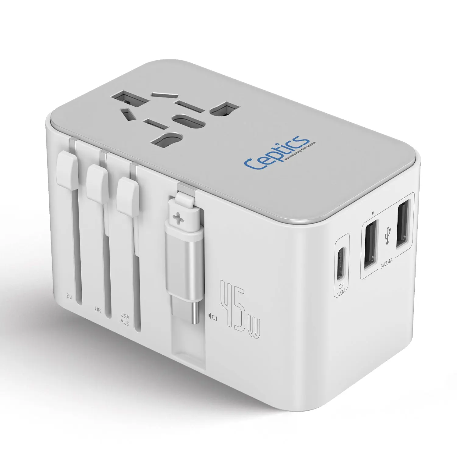 45W 5 in 1 Universal Travel Adapter - 2 USB-A + 1 retractable USB-C cable (PD 45W), & 1 USB-C - Max. 45W (9A) - White (UP-45WC-WH)