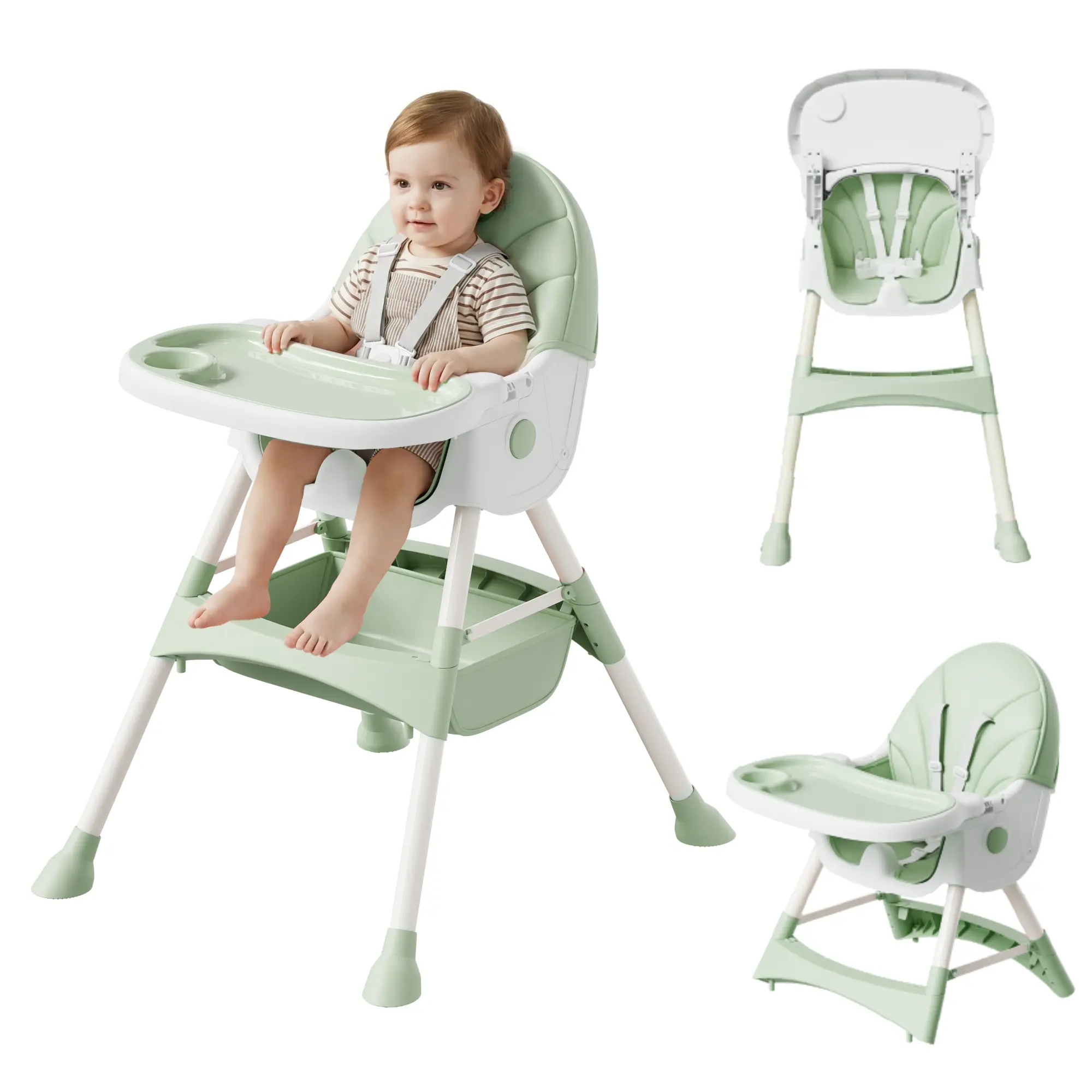 Convertible Baby High Chair with Adjustable Height, Adjustable Safety Harness, Removable Tray, Stain-Resistant Leather Seat, Stable and Durable Design, #SummerVibes