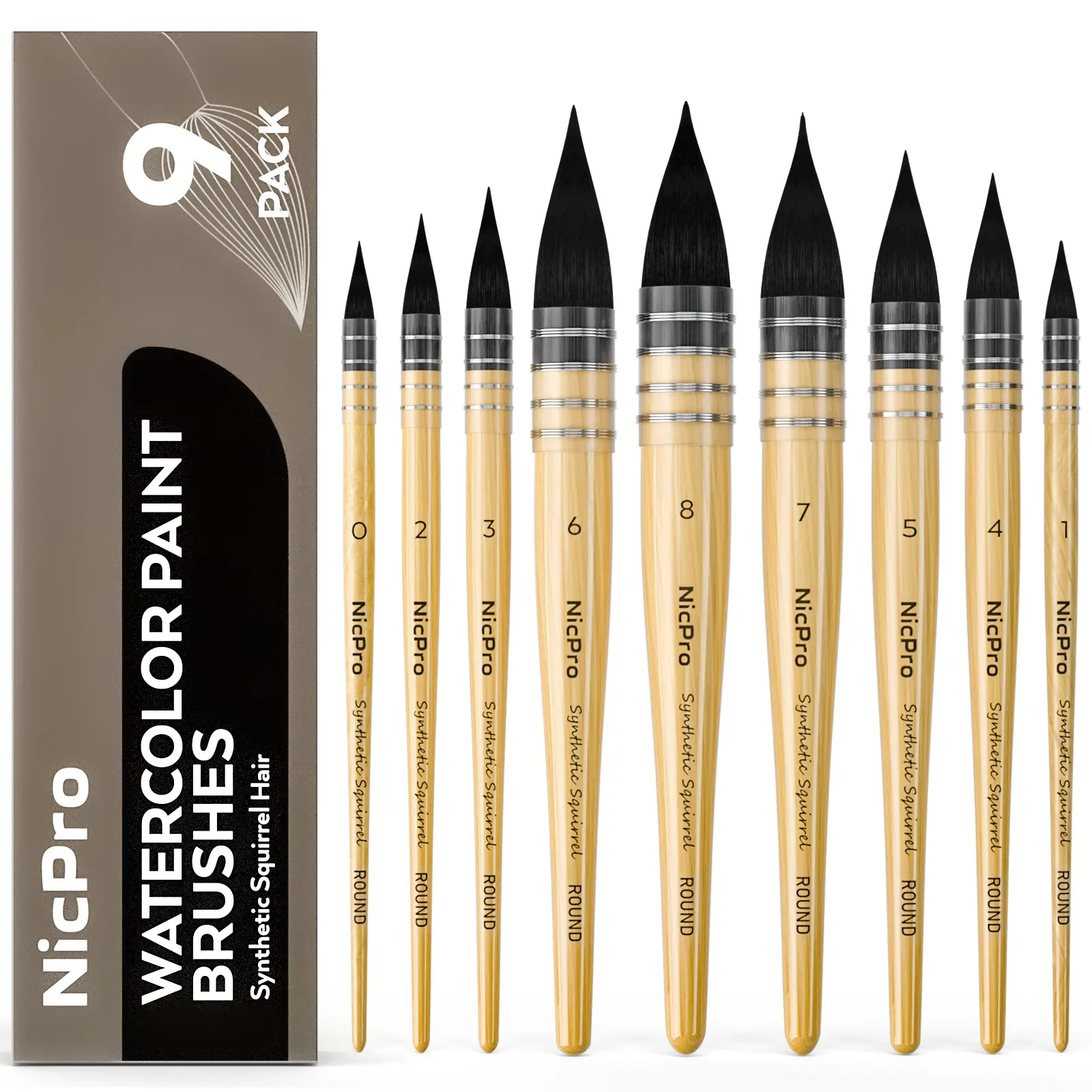 Nicpro 9-Pack Professional Round Synthetic Squirrel Hair Watercolor Paint Brushes, Art Supply Craft Tool with Nylon Bag Pack, for Watercolor, Gouache Painting