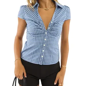 Women Chic Shirt, Short Sleeve Button Closure Solid/plaid Summer Tops Streetwear For Casual Daily