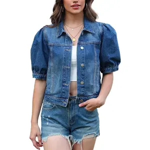 Women's Jean Jacket Cropped Short Puff Sleeve Trendy Denim Jackets with Pockets