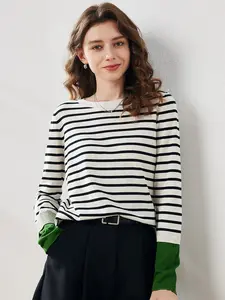 COMOBOCA Women's Striped Round Neck Sweater - Lightweight Soft Knit with Contrast Sleeves