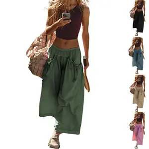 Polomezi Women's Loose Wide Leg Track PantsBoho Style Drawstring Pockets Elastic Waist CapriHiking Parachute Pants