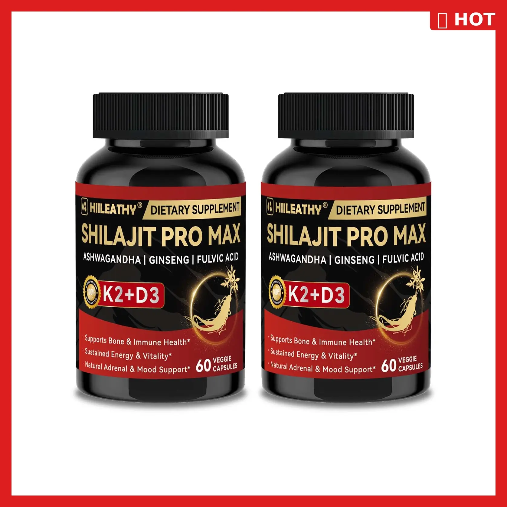 HIILEATHY | Shilajit Pro Max【Bundle & Save】 — Himalayan Shilajit with Fulvic Acid & 84+ Trace Minerals, Panax Ginseng Root, Ashwagandha Root Extract, Vitamin K2 (& D3 — 60 Capsules — USA Made