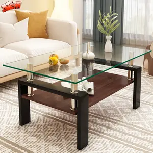 Glass Coffee Table for Living Room, Rectangle Glass Coffee Table with Storage Shelf, Clean Coffee Tabletop with Black Metal Legs for Apartment, Office (Transparent Glass, Black)