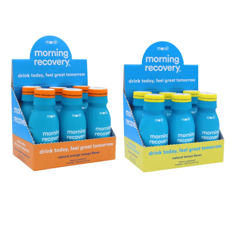 Morning Recovery by More Labs | Pre-Alcohol Drink 12-Pack | Feel Better After Drinking & Support Your Liver | DHM (Dihydromyricetin), Milk Thistle, Hovenia Dulcis, Electrolytes, B-Vitamins | 6 Lemon + 6 Orange Mango | Sugar-Free, Gluten-Free, Non-GMO