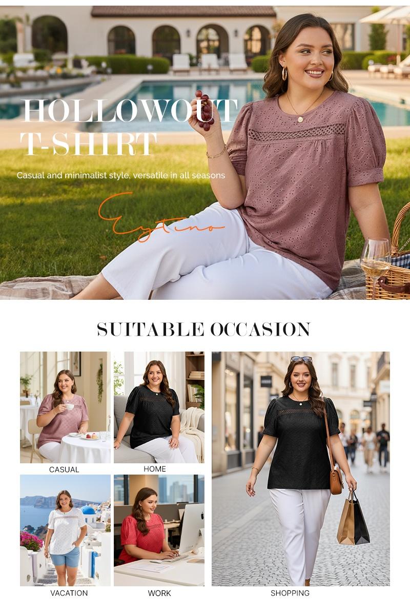Eytino Plus Size Tops for Women Crewneck Puff Short Sleeve Summer Loose Casual Tshirts Blouse(1X-5X)