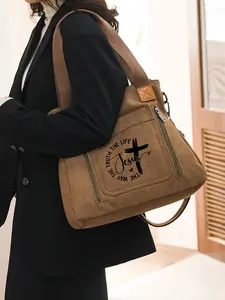 Vintage Jesus Cross Print Canvas Tote Bag, Multi-Pocket Large Capacity Commuter Travel Shoulder Messenger Bag, Perfect Gift