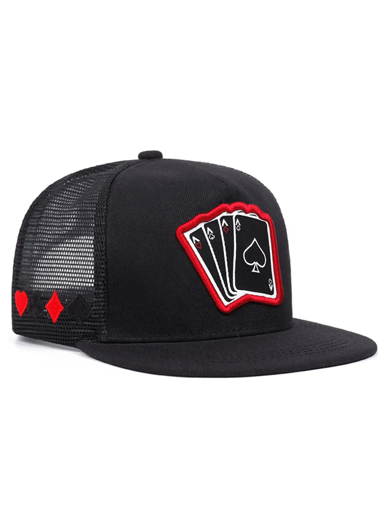 Mesh Hat Breathable Cooling Poker Card A Four Embroidered Baseball Cap, Premium streetwear hat, Casual Hat, Casual Trendy Hat, Men's Street Hip Hop Hat Women's Outdoor Leisure Daily Sunshade Flat Edge Customizable Hats