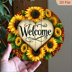 2D Aluminum Welcome Sign with Sunflower Wreath Design - 1pc, Vintage Style Round Metal Wall Art for Home, Cafe, Bar, Restaurant Decor, Retro Garage Hanging Plaque, 8 X 8 Inch