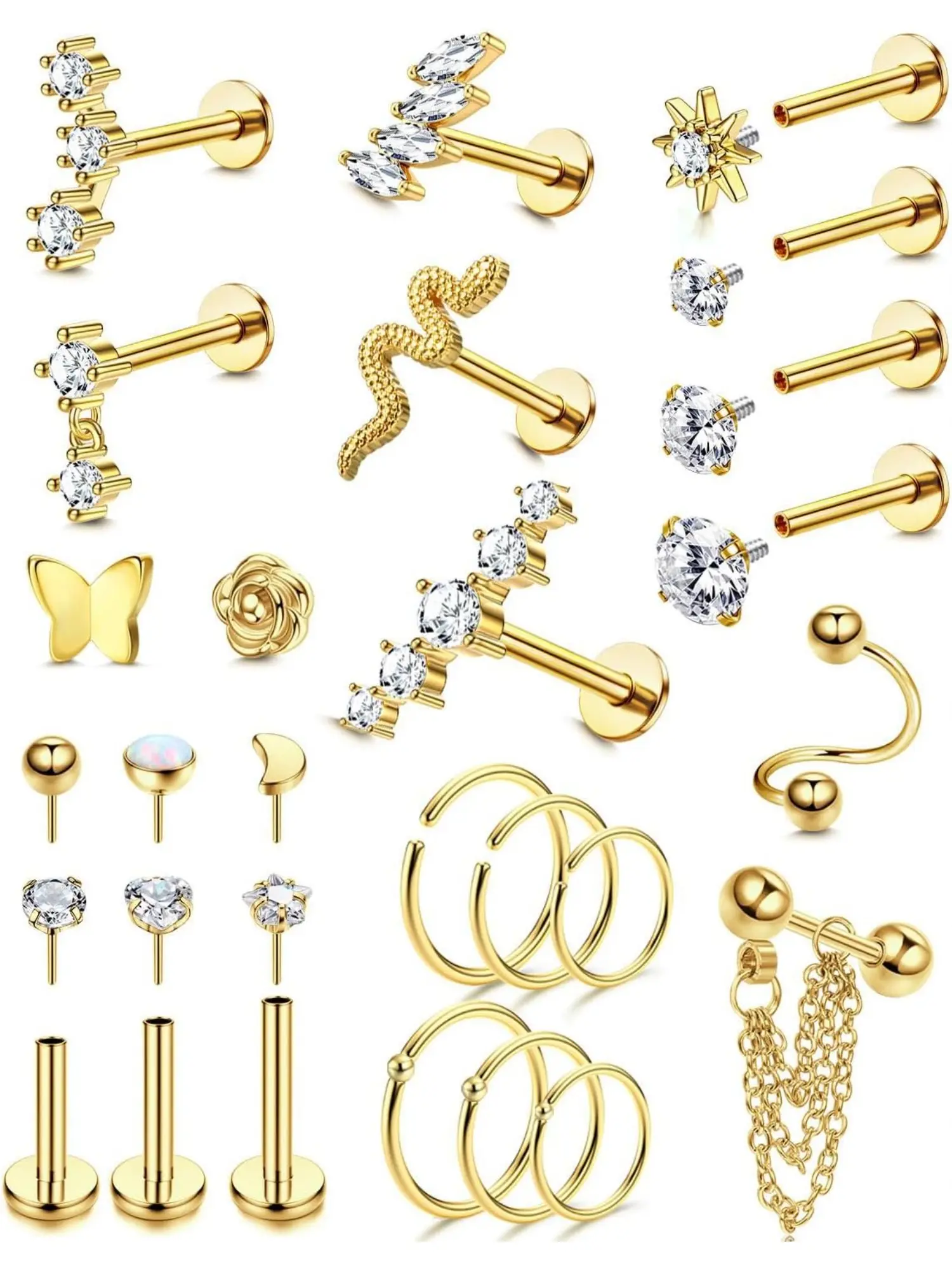 25Pcs 16G Cartilage Earrings for Women Hypoallergenic Stainless Steel Hoop Stud Helix Labret Nose Conch Daith Tragus Piercing Jewelry Fashion Body Jewelry