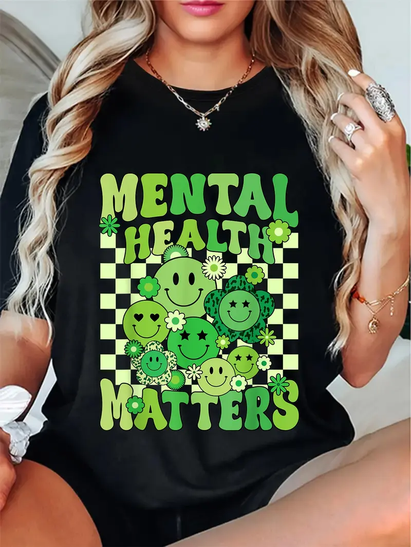100% Cotton Unisex Groovy Mental Health Matters Smile Face Lime Green Ribbon T-Shirt