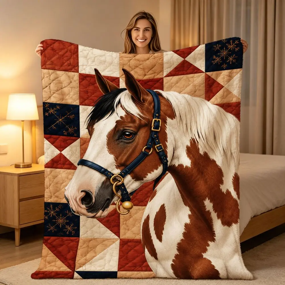 Soft Horse Pattern Quilt Blanket Cozy Farmhouse Style Throw Perfect for Sofas Beds Travel Camping Living Rooms Offices Ideal Gifts for Birthdays Anniversaries Christmas And Holidays Suitable for Horse Lovers Couples Friends And Family2D Flat Printing