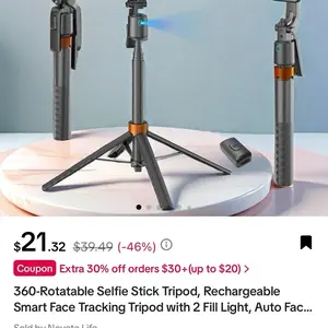 Smart Face Tracking 360-Rotatable Selfie Stick Tripod with Two Face Lights, Rechargeable, Smart Face Tracking Feature, Ideal for Smartphones and Cellphones - Stand, Mount