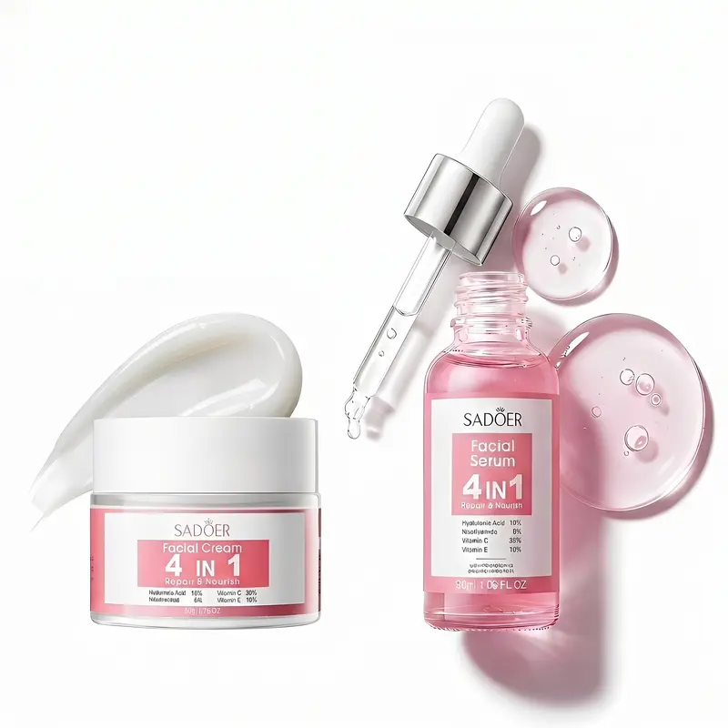 4-In-1 Nourishing Skincare Kit Hydrating Serum & Moisturizing Face Cream for Face - Deep Hydrate, Texture Smoothing, Daily Nourishment; Hyaluronic Acid, Niacinamide, Vitamin C & Vitamin E