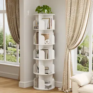 White 5-Tier 360° Rotating Freestanding Bookshelf Tower - Small Space Corner Bookcase, Lazy Susan Display for Bedroom, Living Room