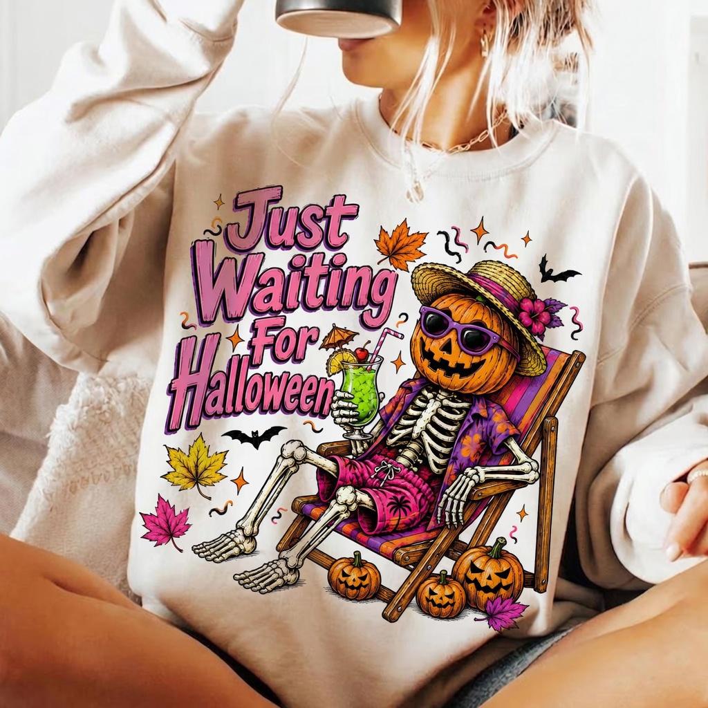 Just Waiting For Halloween Sweatshirt, Retro Pumpkin Skeleton Crewneck, Vintage Spooky Fall Graphic Sweatshirt, Halloween Beach Vacation Pullover