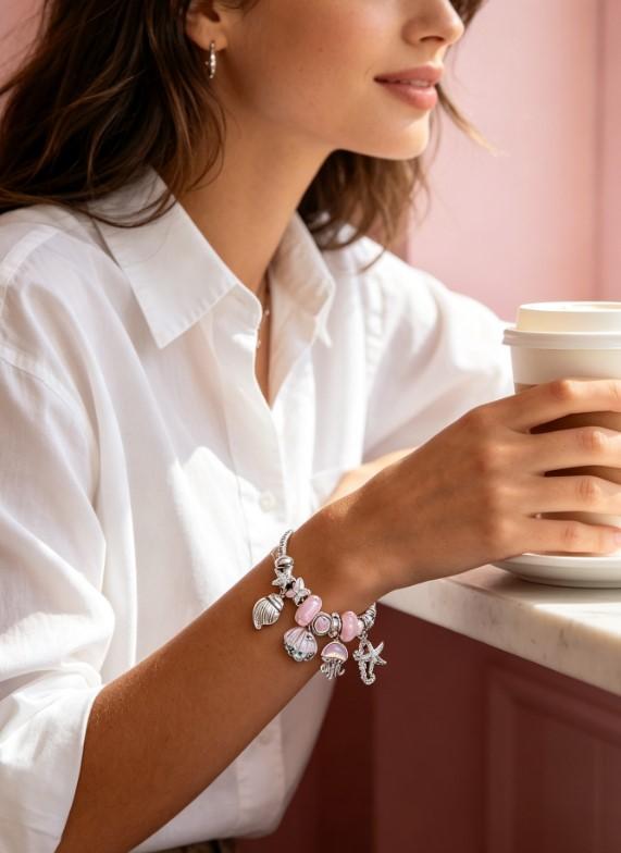 Pink Ocean Sea Themed Charm Bracelet, Silver Snake Chain Bracelet with Jellyfish, Seashell, Starfish, Mermaid Tail Pink Crystal Beads, Adjustable Mermaid Ocean Dangle Charms Bangle Jewelry Gift for Women Girls