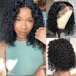 Water Wave BOB Wig Human Hair 13x4 HD Curly BOB Lace Front Wigs Human Hair Pre Plucked Wear And Go Glueless Short Curly Frontal BOB Wigs For Black Women Wet And Wavy 16 Inch