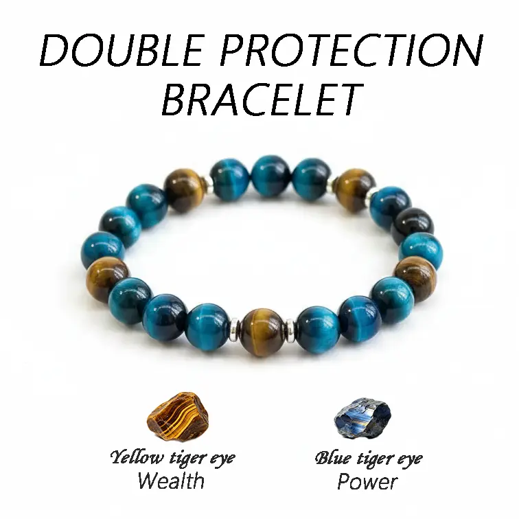 Blue & Yellow Crystal Beads for Wealth, Natural Tiger's Eye Bracelet ,Prosperity & Emotional Balance, Unisex Daily Wear, September Birthstone, Meaningful Gift for her him