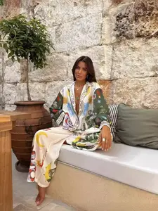 Fashionable Bohemian Womenswear Personalized Print Macaron Linen Long Sleeve Shirt Set, Ethnic Print Set, Stylish and Unique Clothing for Everyday Wear, Perfect Gift Idea