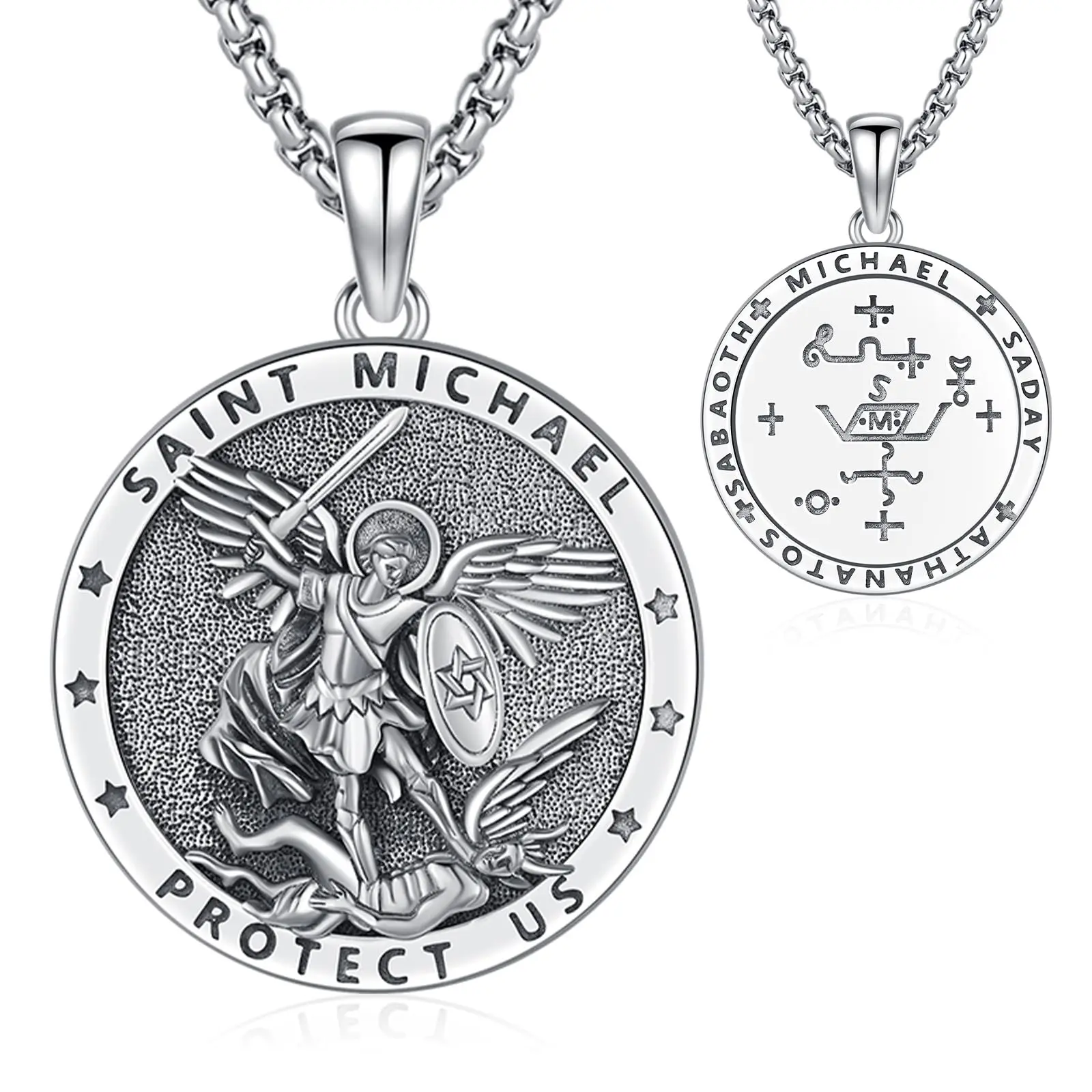 Thanches St. Michael 925 Sterling Silver Medallion Pendant, Archangel Michael Catholic Patron Amulet, Religious Protection Charm Necklace, Jewelry Gift for Men, Medallion Silver Necklaces & Pendants