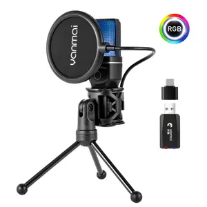Wireless Microphone, USB Rechargeable Condenser Microphone with Shockproof Stand, RGB Gaming Microphone Live Streaming Mic for Android Mobile Cell Phone PC Laptop, Audio