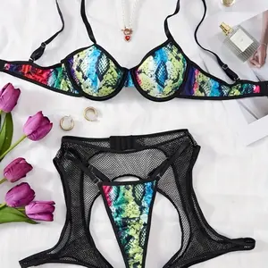 Women's Multi Color Snake Print 3 Piece Lingerie Set - Womenswear